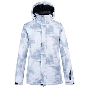 <b>Ski</b> Snowboarding Heated Windproof Waterproof Jacket <b>White</b> Light Grey Abstract Print Hooded Winter <b>Coat</b> Adults Custom Logo OEM - Product Image 1