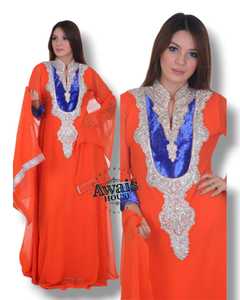 AWAIS HOUSE Women's Orange Blue Beaded Embroidery <b>Chiffon</b> Polyester Fiber Floor-Length Modest Evening Dress V-Neck Long Natural - Product Image 1