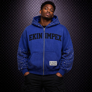 Veste zippée vierge personnalisée, délavée à l'acide, 450 g/m², style streetwear, 100 % coton, avec strass et broderie 3D, effet soleil délavé et vieilli, coupe oversize - Product Image 3