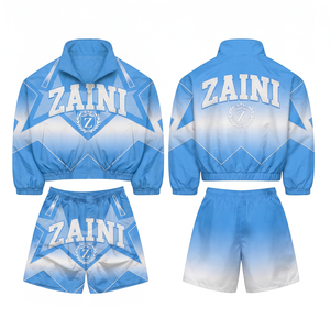 Ensemble court coupe-vent en polyester 110 GSM de qualité supérieure, dégradé bleu et blanc avec panneaux étoilés, logo personnalisé par sublimation, vêtements de sport - Product Image 1