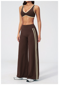 Custom Brown 2 Piece Yoga Set Spaghetti Strap <b>Crop</b> <b>Top</b> High Waist Flared Pants Contrast Binding Breathable Spandex Polyester - Product Image 4