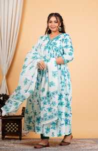 Kurta Anarkali Azul de Algodón con Estampado Floral para Mujer, con Dupatta, Cuello en V, Bordado, Mangas Tres Cuartos, Diseño Étnico Global - Product Image 6