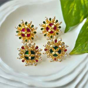 Vintage Jadau <b>Small</b> <b>Stud</b> <b>Earrings</b> with Zircon and Pearl - Product Image 1