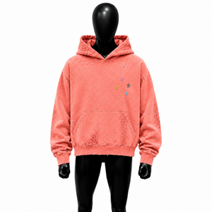 Sweat à capuche oversize rose corail vieilli avec broderie étoile multicolore, imprimé léopard ton sur ton, effet délavé vintage, style streetwear - Product Image 1