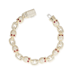 925 Silver Rhodium Plated Moissanite and <b>Ruby</b> Skulls Hip-hop Style <b>Bracelet</b> for Wedding Party or Anniversary Gift - Product Image 1