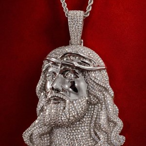 <b>Iced</b> <b>Out</b> Jesus Face Pendant Necklace Silver Plated Cubic Zirconia Pave Setting Men's Religious Hip Hop Style Rope <b>Chain</b> Jewelry - Product Image 5