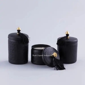 Tarro de vela de metal con acabado negro mate con tapa para decoración de iluminación de sala de estar de mesa, tarro de vela redondo martillado - Product Image 1