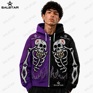 Custom Black Purple Skeleton <b>Hoodie</b> Men's <b>Gothic</b> Rhinestone Embroidered Zip Up Hooded Sweatshirt Streetwear Fashion - Product Image 1