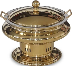 Chaféron rond de couleur or massif avec un piédestal large. Robuste, radiant et de qualité supérieure pour hôtel, restaurant, mariage, fête ou maison - Product Image 1