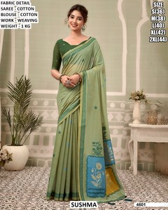Saree en coton Sushma avec travail de tissage, couleur verte, pour femmes, coupe régulière, longueur au sol, style traditionnel 4603 - Product Image 6