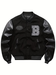 OEM Premium Quality 100% Cotton Men's Black Varsity <b>Jacket</b> With Leather Sleeves Embroidered Letter Patch Designs Preppy Style - Product Image 1