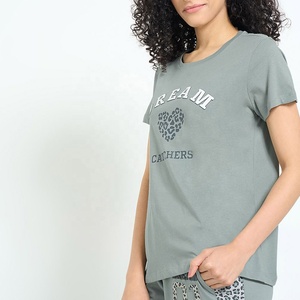 Womens Cotton Graphic T Shirt Leopard <b>Heart</b> Print Sage Green Crew Neck Short Sleeve Pajama <b>Top</b> Apparel Manufacturer - Product Image 5