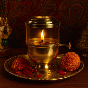 Lampe à huile traditionnelle en laiton pur Akhand Jyoti Diya avec couvercle en verre et contrôle de mèche réglable pour Pooja, temple, maison, Diwali, Navratri - Product Image 3