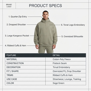 Sudadera con capucha extragrande de manga larga con cremallera de un cuarto, de mezcla de algodón, color verde salvia, con logo personalizado - Product Image 5