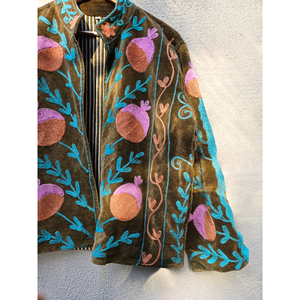 Hand Embroidered Velvet <b>Jacket</b> for Women full Sleeve <b>Mandarin</b> <b>Collar</b> Floral Pattern Winter Party Outerwear gift for her - Product Image 3