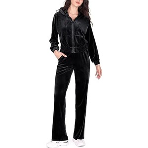 Custom Zip up Crop Top Hoodie Embroidered logo Velvet Sweatshirt and <b>Sweatpants</b> Jogger Velour Tracksuit Two Pieces <b>Set</b> for Women - Product Image 6