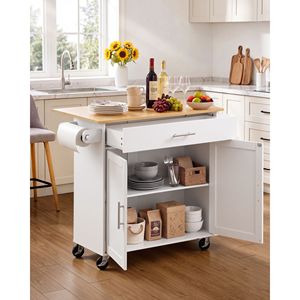 Îlot de cuisine en bois massif avec rangement, chariot mobile de 42,28 pouces de large avec roulettes pivotantes et tiroir - Product Image 2
