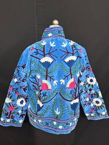 Stunning Blue Velvet Floral Suzani Embroidered Jacket Royal Boho High Neck <b>Coat</b> Handmade Designer Winter Wear For Women - Product Image 3