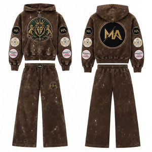 Conjunto Deportivo con Capucha para Hombre, Diseño Patchwork, 100% Algodón, 450 Gsm, Lavado Ácido, Sudadera Casual con Bolsillos y Cordón Ajustable - Product Image 1