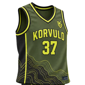 Conjunto de Uniforme de Baloncesto Personalizado para Hombre, Color Verde Oliva y Negro, Jersey sin Mangas con Cuello en V, Pantalones Cortos con Estampado de Contorno Amarillo, Números de Equipo, Kits al por Mayor - Product Image 4