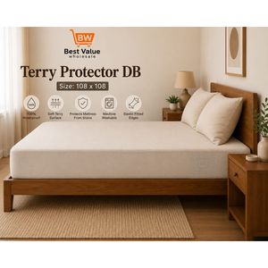 Waterproof Terry Fitted <b>Bed</b> Protector 75x72x13 Inch Plain Style for Hotels - Product Image 1
