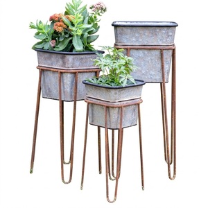Support de jardinière moderne en métal galvanisé de style ferme avec pieds pliables, table d'appoint ronde en fer et porte-pot de fleurs amovible - Product Image 4