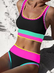 ชุดบิกินี่ลายดอกไม้สำหรับผู้หญิง แบบทูพีซ เอวสูง ท่อนบนแบบ Bandeau แต่งขอบตัดสี ผ้าสเตรช ทรงปกติ ด้านหน้า - Product Image 5