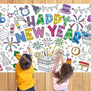 Happy New Year DIY Paper Banner <b>Poster</b> 51 X 30 Inch Giant Fireworks and Party Hats Design Festive Tablecloth for Parties - Product Image 1