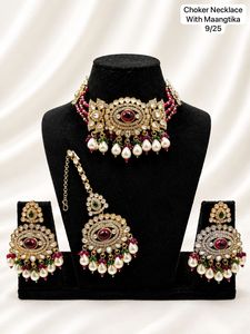 Gold Plated Zinc Alloy Choker Necklace Maangtika Earring <b>Set</b> Imitation <b>Pearl</b> Channel Setting for Women Wedding <b>Jewelry</b> - Product Image 1