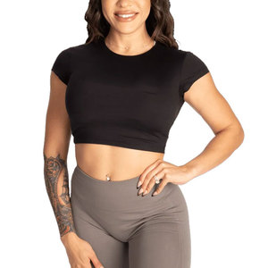 T-shirt de sport pour femme, coupe ajustée, haute compression, style crop top, coupe carrée, uni, pour le yoga et l'entraînement en salle de sport, vente en gros - Product Image 1