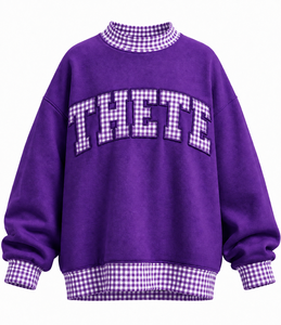 THETE Custom Women’s Heavyweight Oversized Mock neck Sweatshirt Plaid Gingham <b>Patchwork</b> Casual Varsity Streetwear <b>Top</b> - Product Image 6