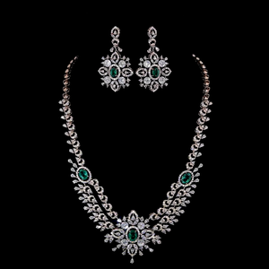 Luxury <b>Silver</b> <b>Necklace</b> Earring Set with Lab Grown <b>Diamonds</b> & Green Emerald|Bridal & Party Wear Jewelry Bridal|Wedding Jewelry St - Product Image 1