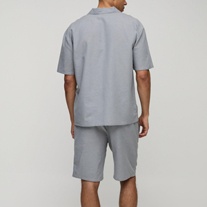 Ensemble chemise et short en coton tricoté gris clair pour hommes, tenue de pyjama décontractée d'été respirante de couleur unie - Product Image 4