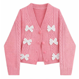 Suéter Informal Personalizado, Ecológico, de Lana, para Invierno, Holgado, con Cuello en V, Manga Larga, Lindos Lazos Decorativos en 3D, Cárdigan de Punto con Botones - Product Image 4