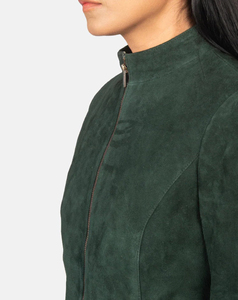 2026 Premium Quality Women's High Street Women's Green Suede Moto Jacket <b>Stand</b> Collar Full Sleeve Zipper Closure Autumn Wear - Product Image 3