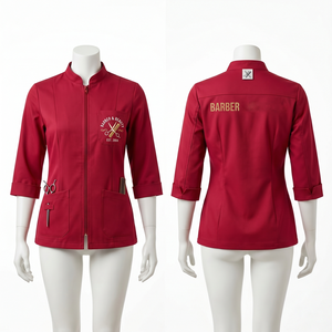 Chaqueta de Barbería para Mujer, 220 GSM, Sarga de Polialgodón, Diseño con Paneles en Contraste Crema, Logotipo Personalizado Bordado, Uniforme de Salón - Product Image 2