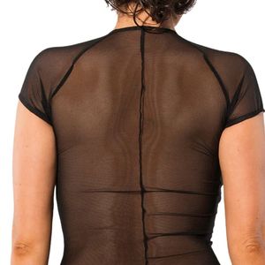 Women's Black Wet Look and Mesh Long Sleeve Top Stretch High Neck Slim Fit <b>Sheer</b> Panel Fashion Lightweight Apparel Shirt - Product Image 6