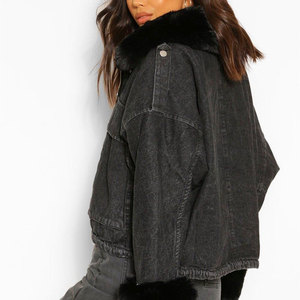 <b>Women's</b> Denim Trucker <b>Jacket</b> with Turn-down Collar Cuffs Winter Full Sleeve Solid Color Single Button Closure Knitted Breathable - Product Image 4
