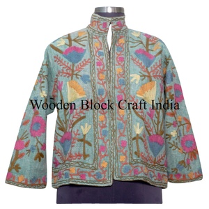 Indian Short Knitted Woven Cotton Suzani Embroidery Handmade Breathable Reversible Eco-Friendly Winter Women's <b>Quilted</b> <b>Jacket</b> - Product Image 1