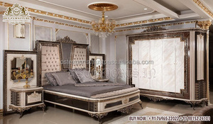 Cama de matrimonio tallada pesada de estilo vintage con mesitas de noche, lujosos muebles de dormitorio de madera de teca, dormitorio de Reina metálico dorado de lujo - Product Image 2