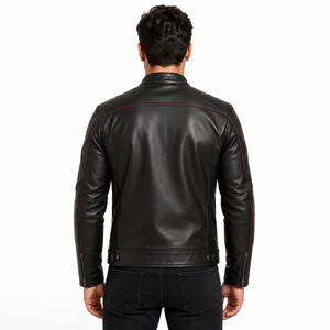 Veste en cuir PU noire pour homme, coupe ajustée, avec surpiqûres rouges, col montant, fermeture éclair et logo frontal - Product Image 5