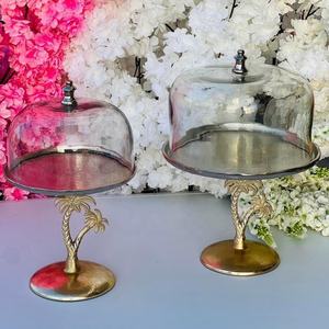 Tropical Gold Oval Palm Tree Cake Stand <b>Glass</b> <b>Dome</b> Lid Aluminum Decorative Pedestal Dessert Tray Wedding Party Home Decor - Product Image 2
