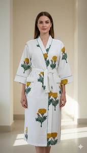 Women's Luxury Cotton Waffle Fabric Floral Printed Bathrobe & Towel Kimono Style <b>Robe</b> with Belt Lightweight <b>Spa</b> Loungewear Gown - Product Image 2