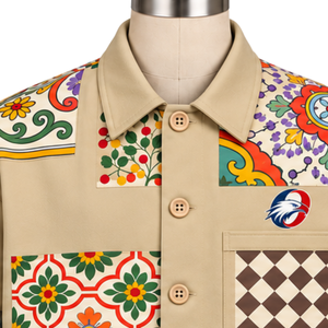 Chaqueta de Trabajo Color Caqui con Mosaico, Estampado Floral, Cierre de Botones, Estilo Casual, con Bolsillos, Diseño Artístico - Product Image 3