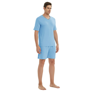 Ensemble T-shirt et short pour homme de qualité supérieure, bleu ciel, surdimensionné, col en V, design personnalisé, couleur unie, été, écologique - Product Image 2