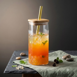 Gobelet en verre côtelé moderne 2026 avec couvercle en bambou et paille, empilable, transparent, pour café glacé, idéal pour la maison et les cafés (vente en gros) - Product Image 4