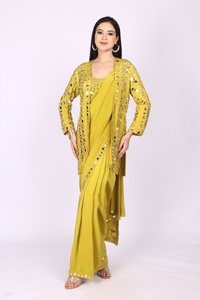 Luxury Designer Crepe Saree with <b>Jacket</b> with Mirror wok at full body and <b>jacket</b> with saree border For Every Occasion - Product Image 4