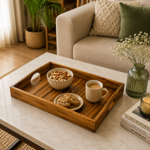 Handcrafted Wooden Decorative Serving Tray with Cutout Handles| Rustic Display Tray for Coffee <b>Table</b> Home Accent Organizer Decor - Product Image 4