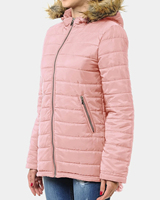 Veste matelassée rose pour femme avec capuche en fausse fourrure, manteau d'hiver chaud avec fermeture éclair et poches latérales