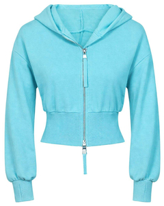 Manufacturer Custom Womens Aqua Blue <b>Cropped</b> <b>Zip</b> <b>Up</b> Hoodie Slim Fit Long Sleeve Casual Streetwear Cotton Fleece Sweatshirt - Product Image 1